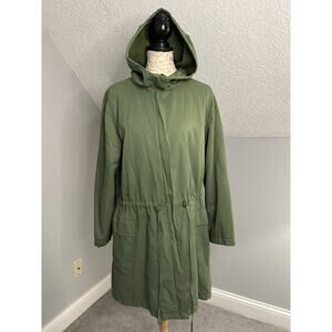 Eileen Fisher Olive Green Polished Tencel Hooded Anorak Jacket Sz L Full Zip